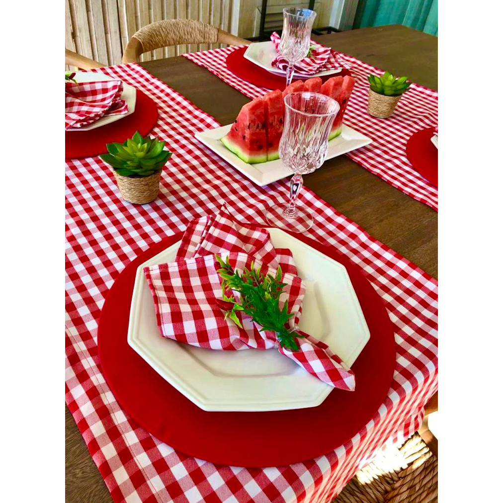 Kit Completo 10 Peças Xadrez Sousplat + Caminho de Mesa + Guardanapos Vermelho Mesa Italiana