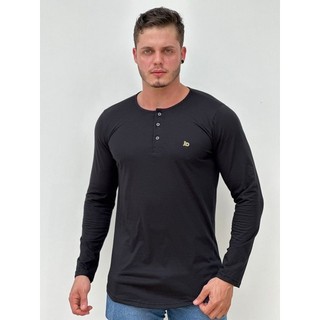 Camisa masculina longline,manga longa gola Henley, camisa manga longa