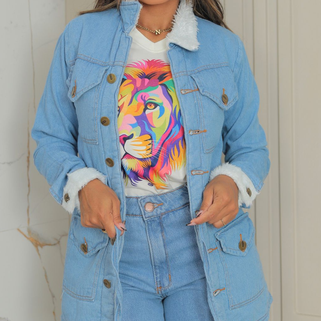 Blusa Feminina Parka Jeans Sobretudo Premium Forrada com Pelucia