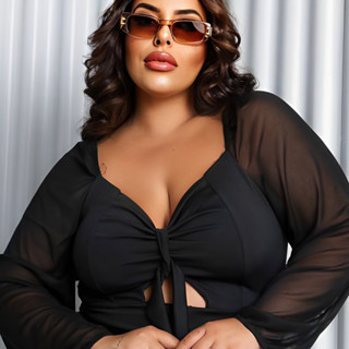 Blusa Semi Cropped Preta Feminina Com Detalhe Em Tule Plus Size Linda promoção