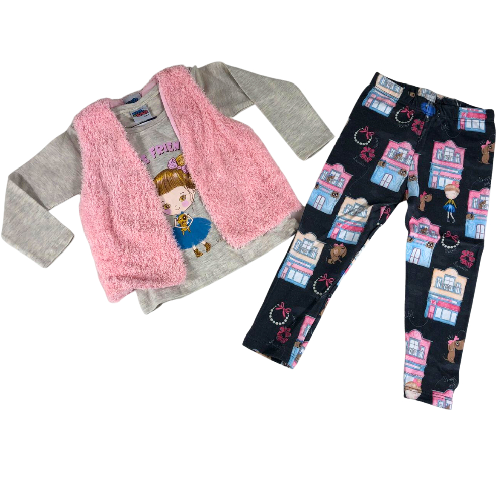Conjunto Inverno Kiko E Kika 3 Peças Bebê Menina Colete Pelucia Flanelada Moletom Algodão Quentinho REF. 9249