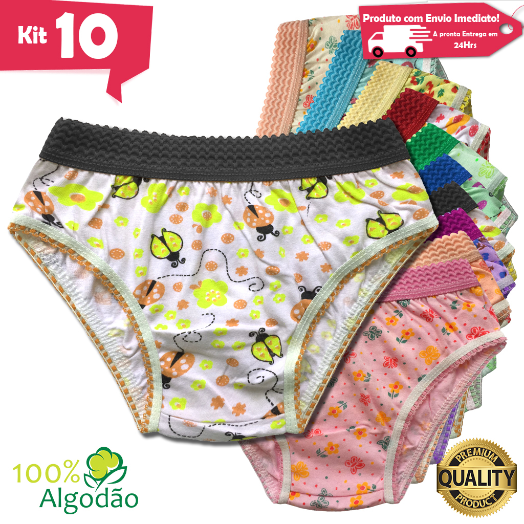 Kit 10 Calcinhas Infantil Algodão Estampada Cós Elástico Menina