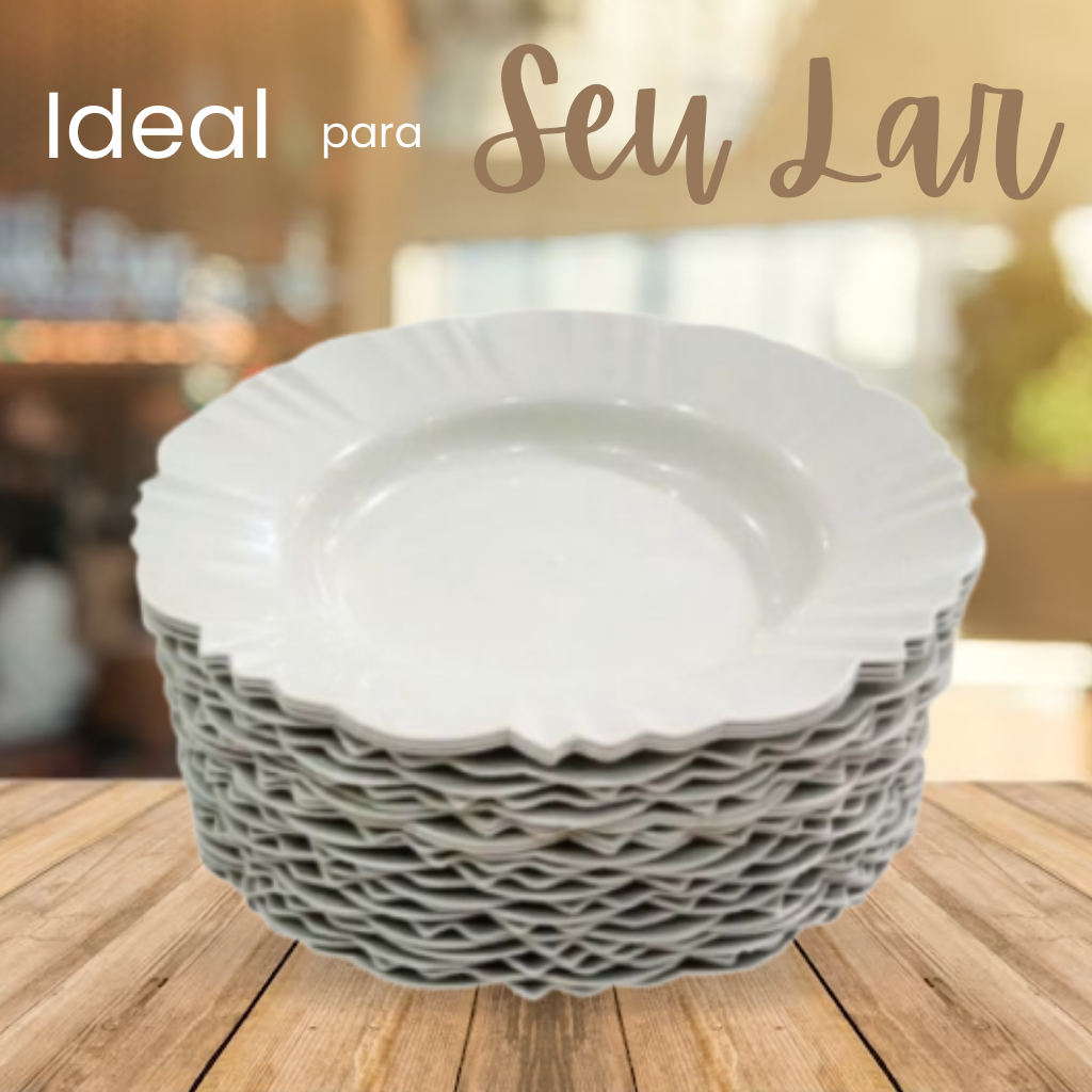 Kit 20 pratos fundo com borda branco refeição churrasco festa plástico redondo em Oferta na Shopee