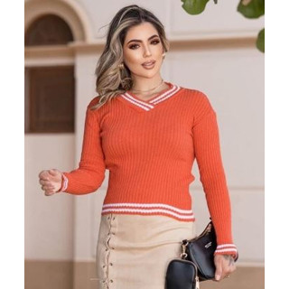 Blusa Feminina Tricot Modal / Manga Comprida / Colegial / Moda Blogueira / Gola V / Tendência / Diversas Cores / Envio 24hrs