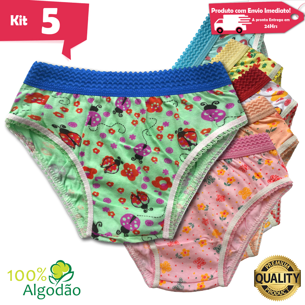 Kit 5 Calcinhas Infantil Algodão Cós Elástico Estampada Menina