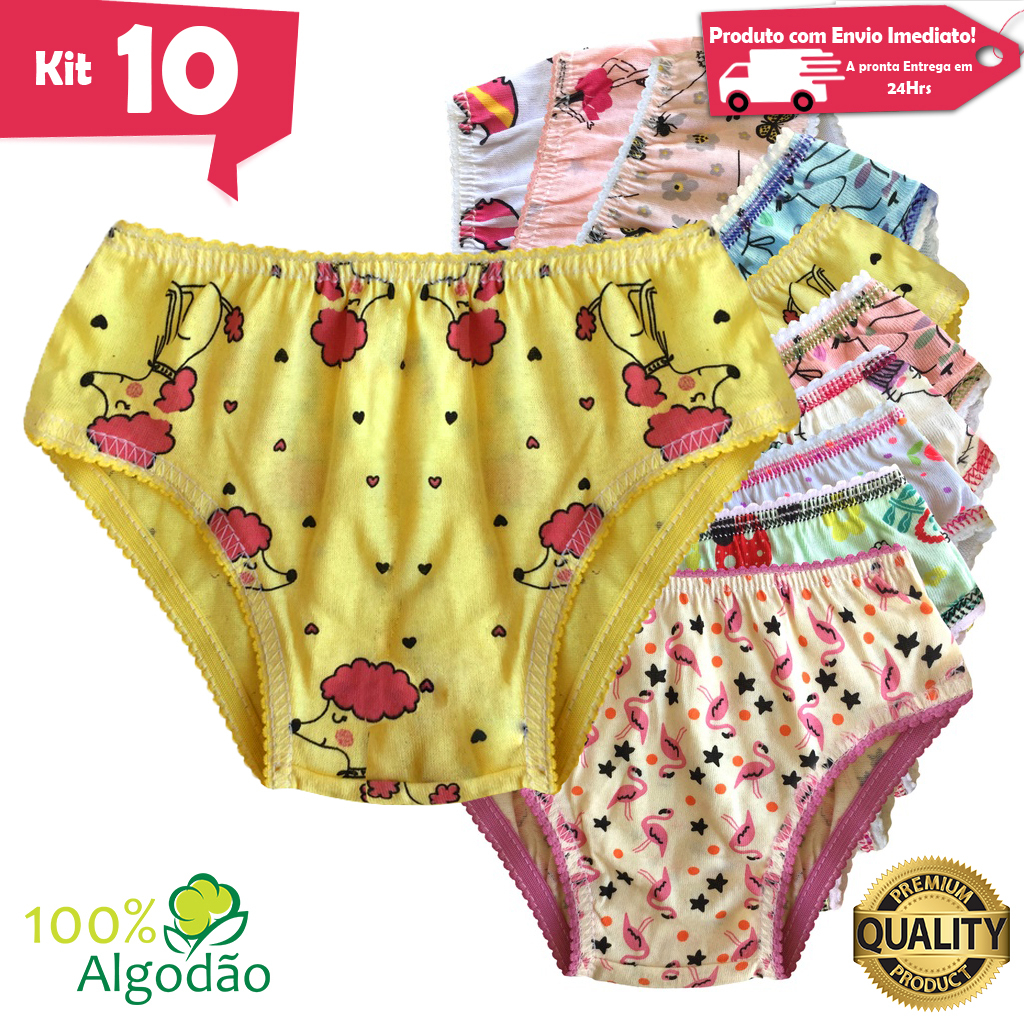 Kit 10 Calcinhas Infantil Algodão Menina Criança Estampada Elástico