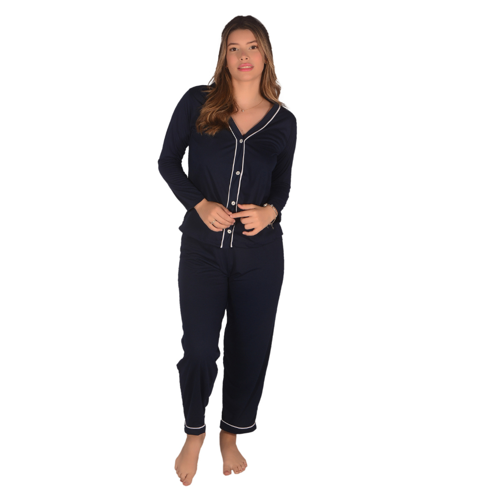 Pijama Feminino Americano Malha Inverno Longo de Botão Amamentação Gestante Pós Parto Maternidade Blogueira Manga Longa Roupa de Dormir Feminina Luxo Adulto para Frio Confortável com Botões e Calça