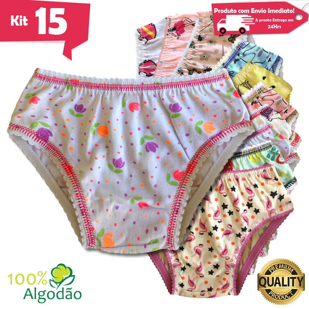 Kit 15 Calcinhas Infantil Algodão Estampada Elástico Menina Revenda
