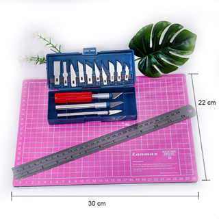 Kit Estilete Bisturi + Base Rosa A4 30x22 + Régua Aço 30 Cm em Oferta na Shopee