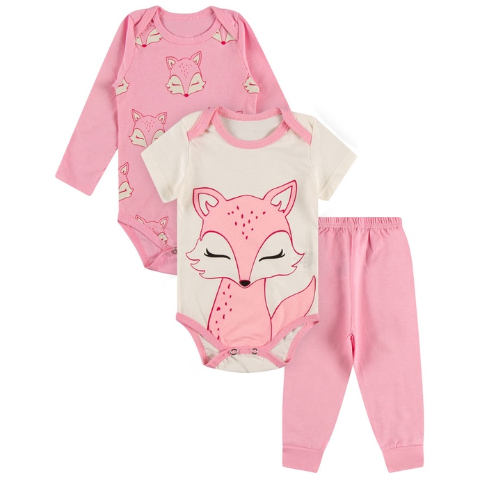 Kit Roupa De Bebe 3 Peças Body Manga Longa e Curta e Calça Algodão Menina