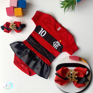 Kit Novo do Flamengo Body Bebê Menina + Faixinha Brasão Dourado Confortável do Mengão Time de Futebol