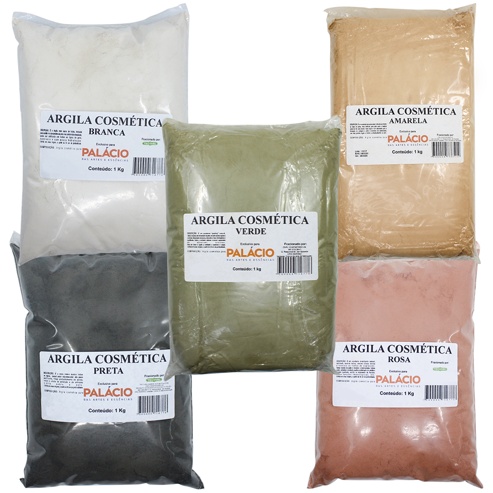 Kit 5 Argilas Cosméticas Amarela, Branca, Preta, Rosa, Verde – 5Kg (1Kg Cada Pacote)