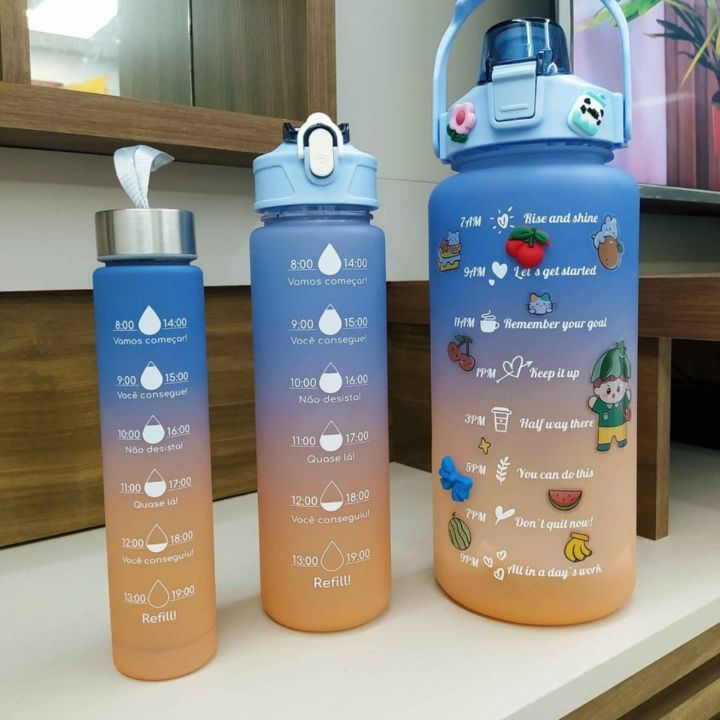 Kit Garrafa 3 Galões Água Squeze Motivacional C/ Adesivos 3d - 300ML+900ML+2000ML