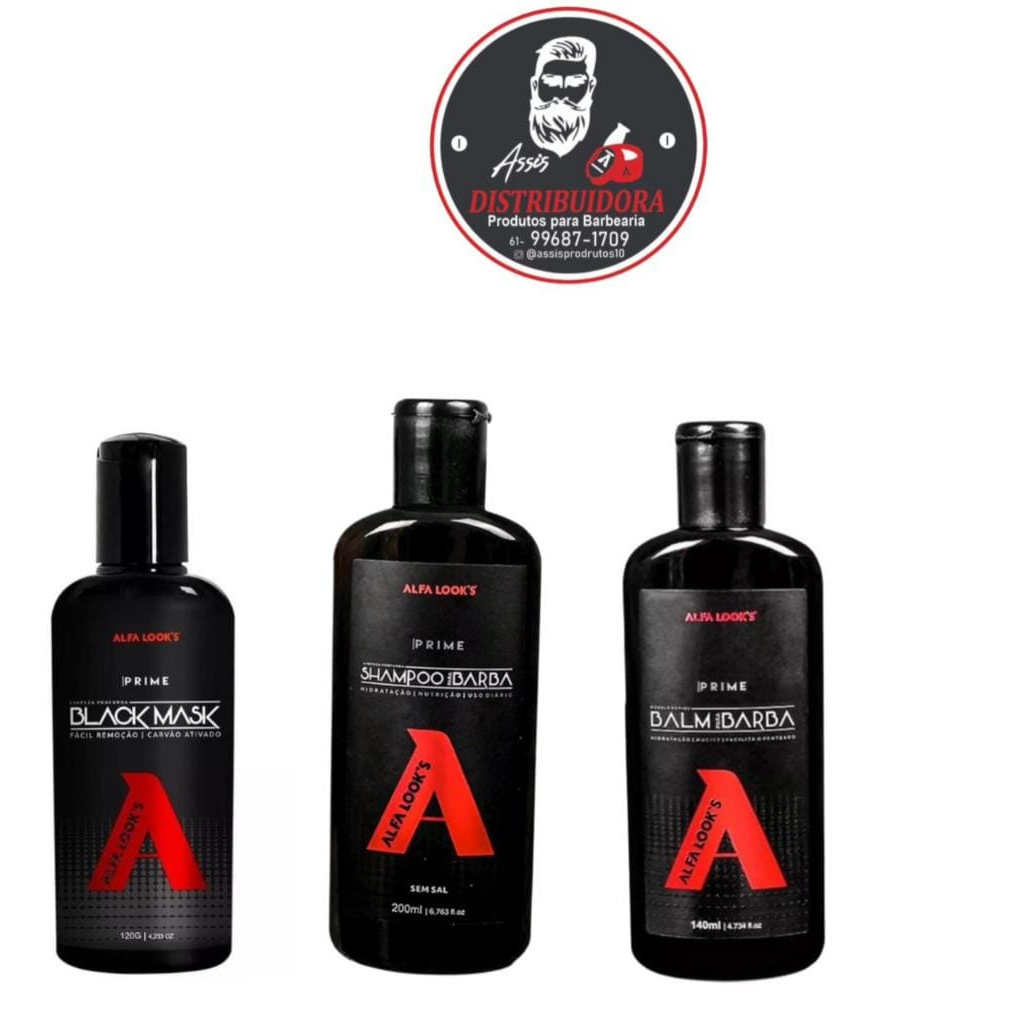 kit alfa look 1 shampoo para barba e um balm para barba e mascara bleck