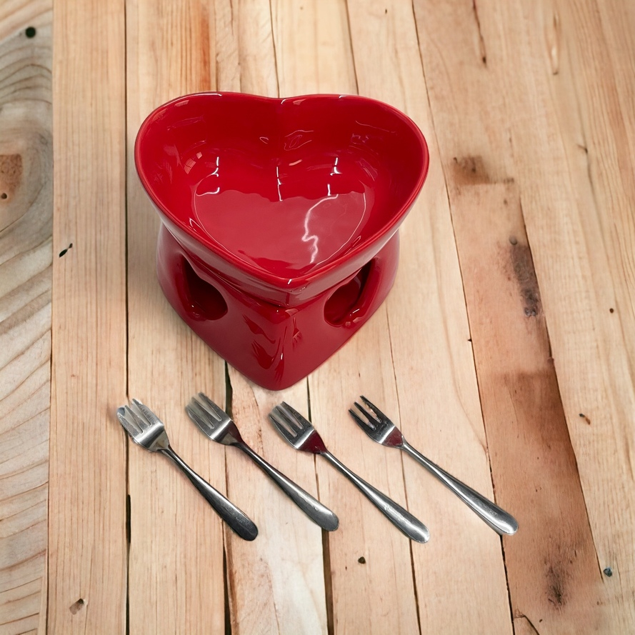 Aparelho De Fondue Panela De Ceramica Coração Vermelho Kit 4 Garfos