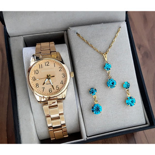 Relógio Feminino Dourado + Conjunto Folheado de Colar e Brinco