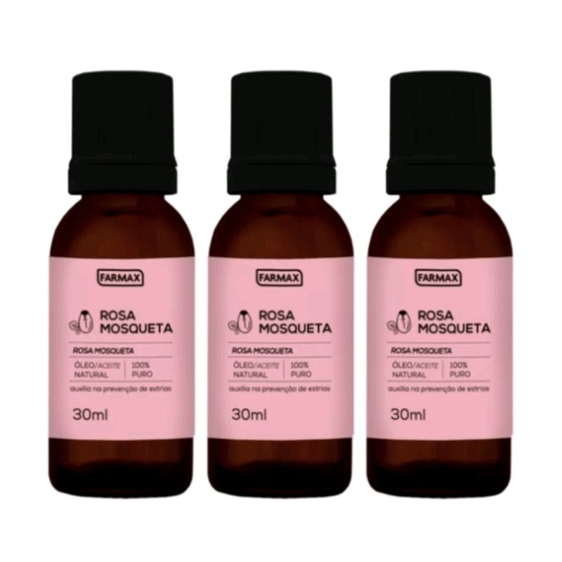 Óleo de rosa mosqueta farmax 30ml 100% puro kit c/3 unidades cicatrizante, hidratante, celulite, manchas, estrias