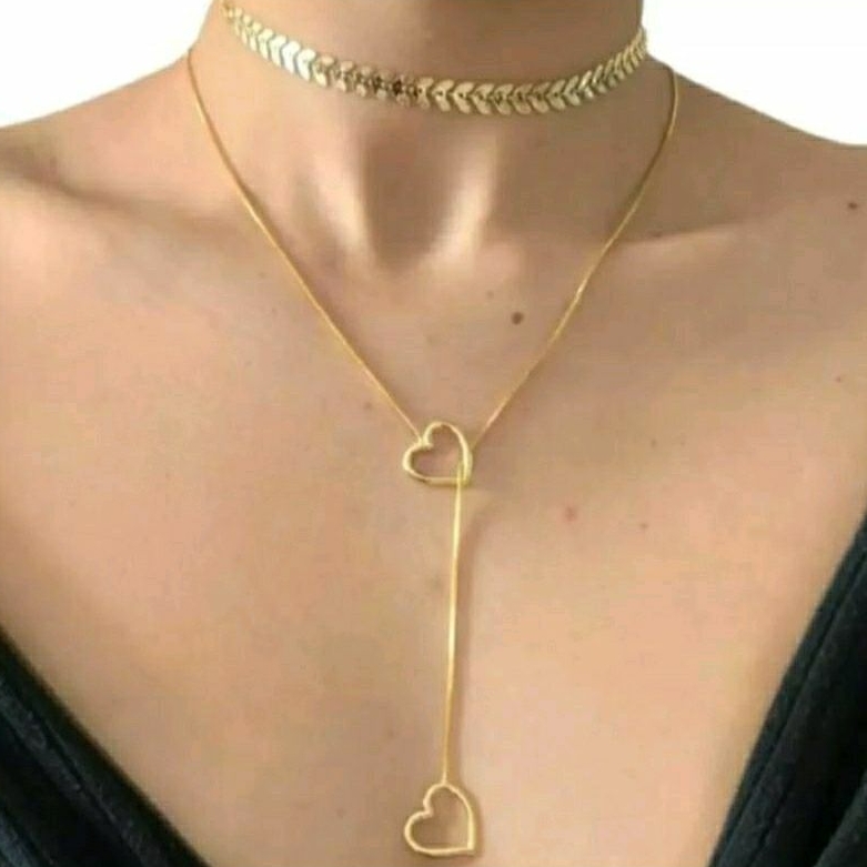 kit Choker Escama de Peixe e Colar Gravatinha Coração Folheado a Ouro 18k