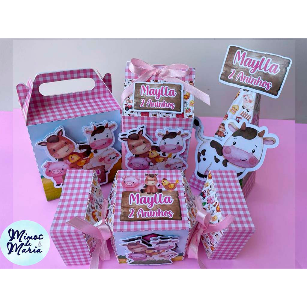 Kit Lembrancinhas Caixinhas Personalizadas 3D - Fazendinha Rosa
