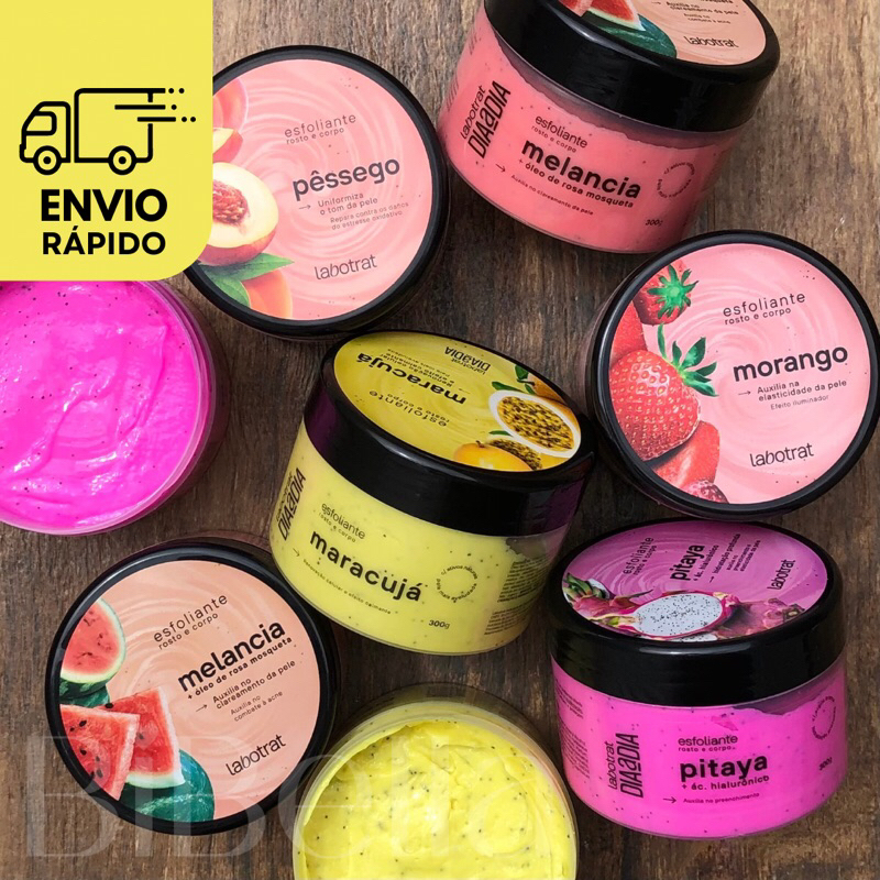 Esfoliante Corporal e Facial Cheiro de Fruta Labotrat 300g ou 150g - Esfoliante corpo e rosto - maracujá - melancia - morango - pitaya - pêssego