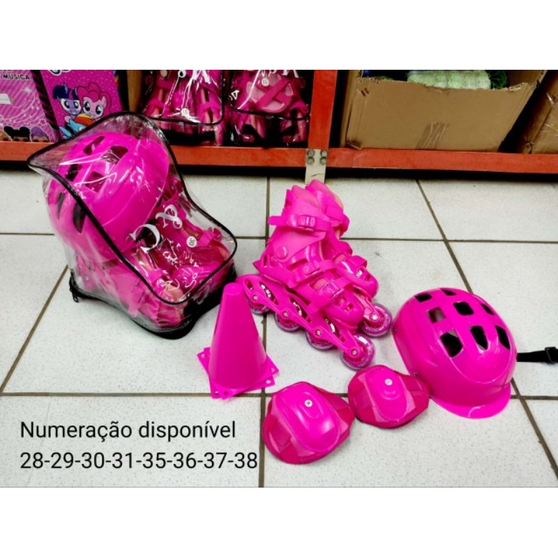 Patins Feminino Ajustável Infantil Rosa com acessórios