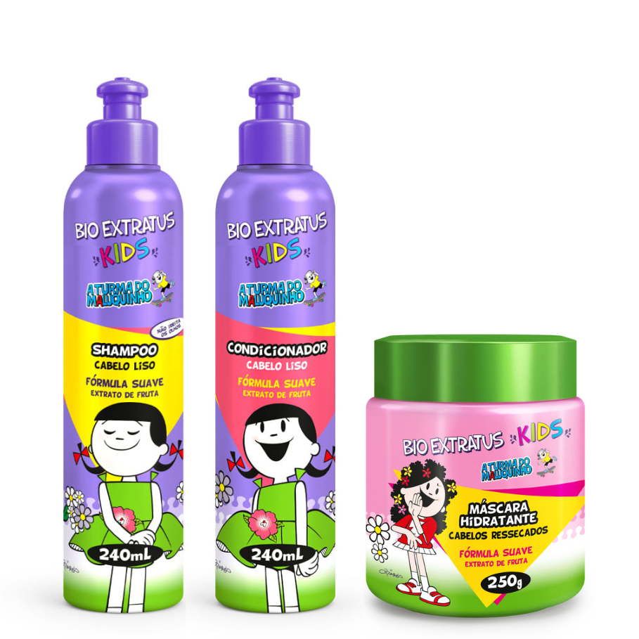 Kit Shampoo Condicionador Liso 240mL e Máscara Cabelo 250g Bio Extratus Kids Para Criança