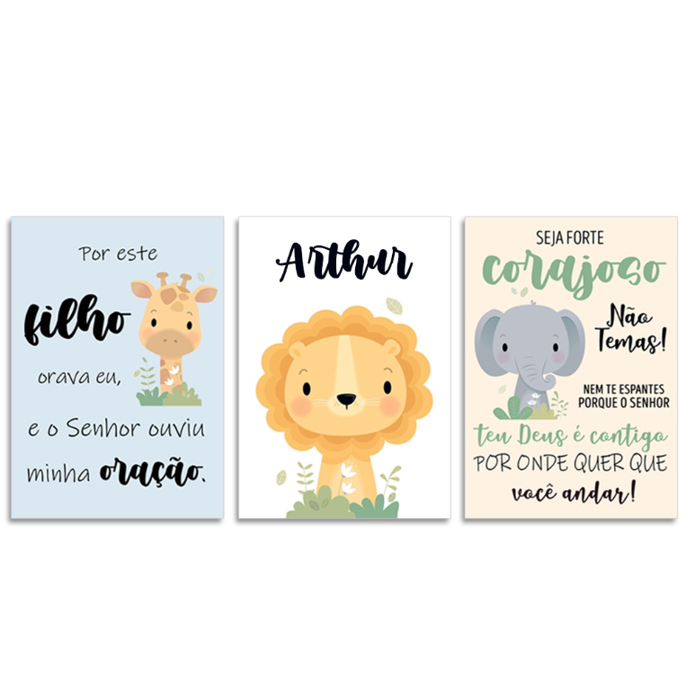 Kit Quadros Decorativos 3 peças Safari - Bichinhos - Quarto de Bebê - Infantil com nome Personalizado