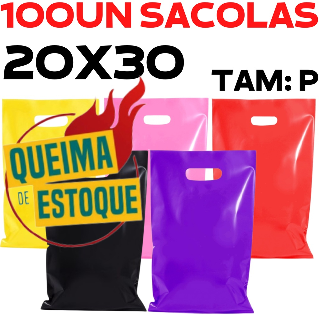 100UN Sacolas Plásticas 20x30 Alça Vazada Boca De Palhaço Pronta Entrega Várias Cores Tamanho P em Oferta na Shopee