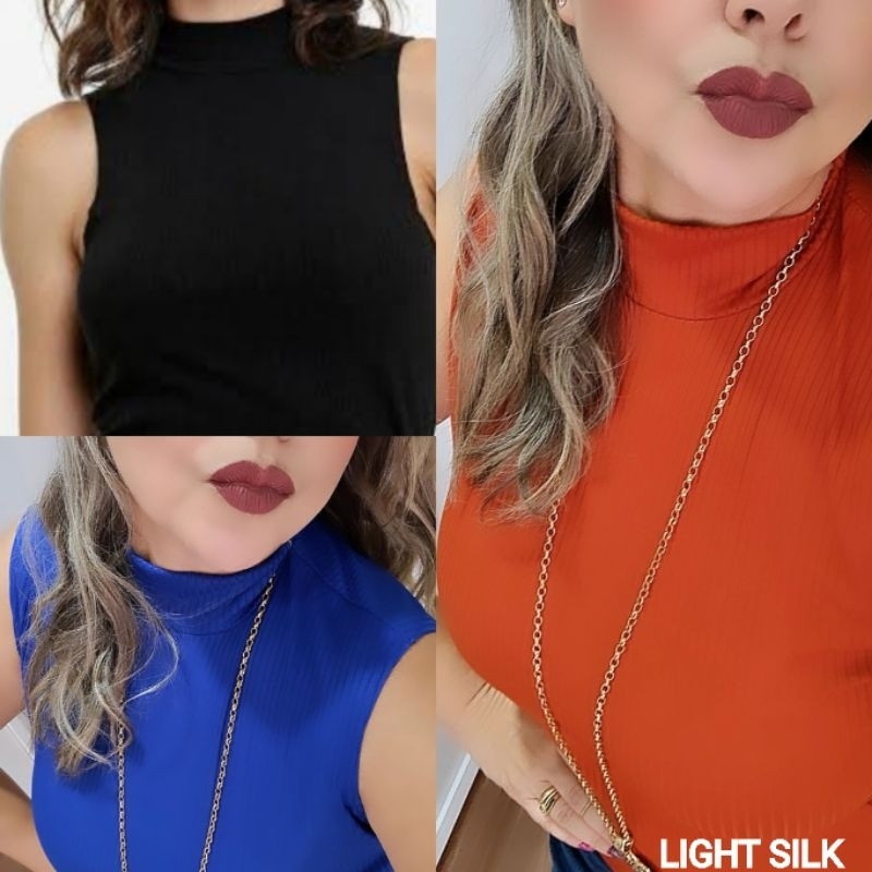 KIT 3 Blusas gola alta sem manga, malha canelada
