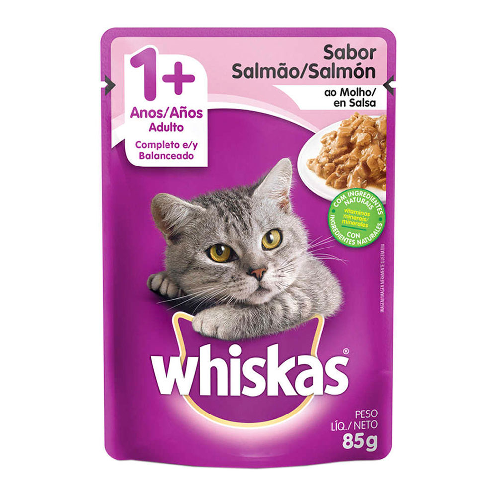Detalhes do Caixa 20un Ração Úmida Whiskas Sachê Gatos Adultos Salmão ao Molho 85g