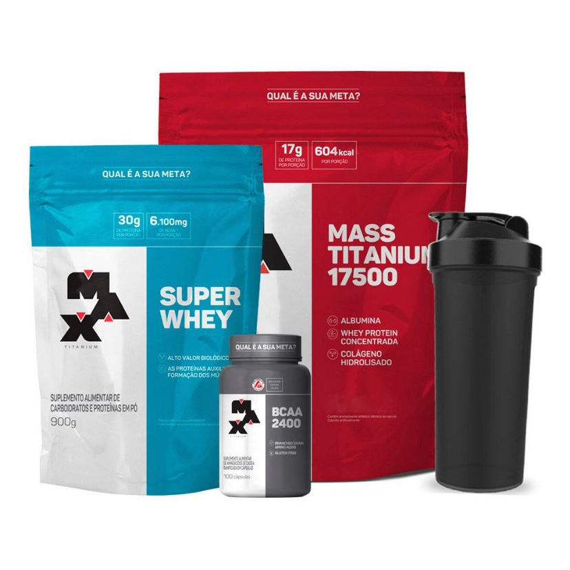 Kit Ganho de Massa Muscular - Whey + Hipercalórico + Bcaa + Coqueteleira - Max Titanium