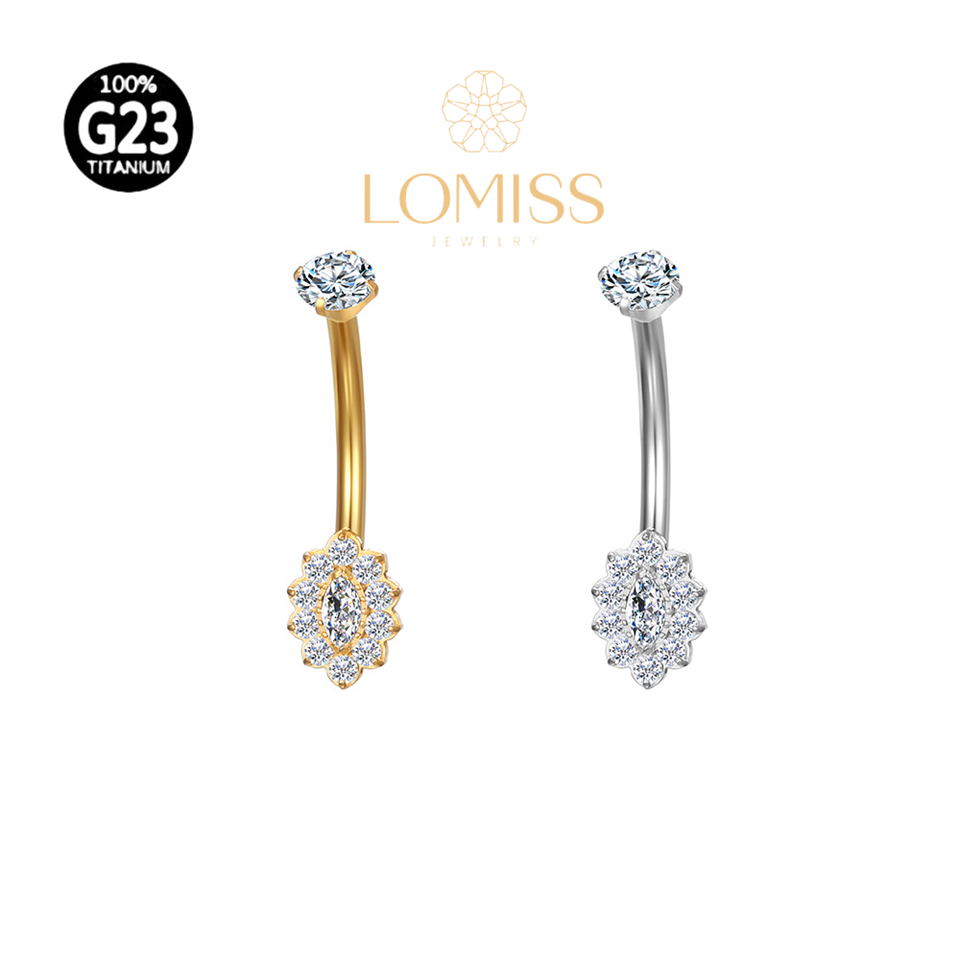 Piercing Umbigo Banana Titânio PVD Flor Oval Zircônia
