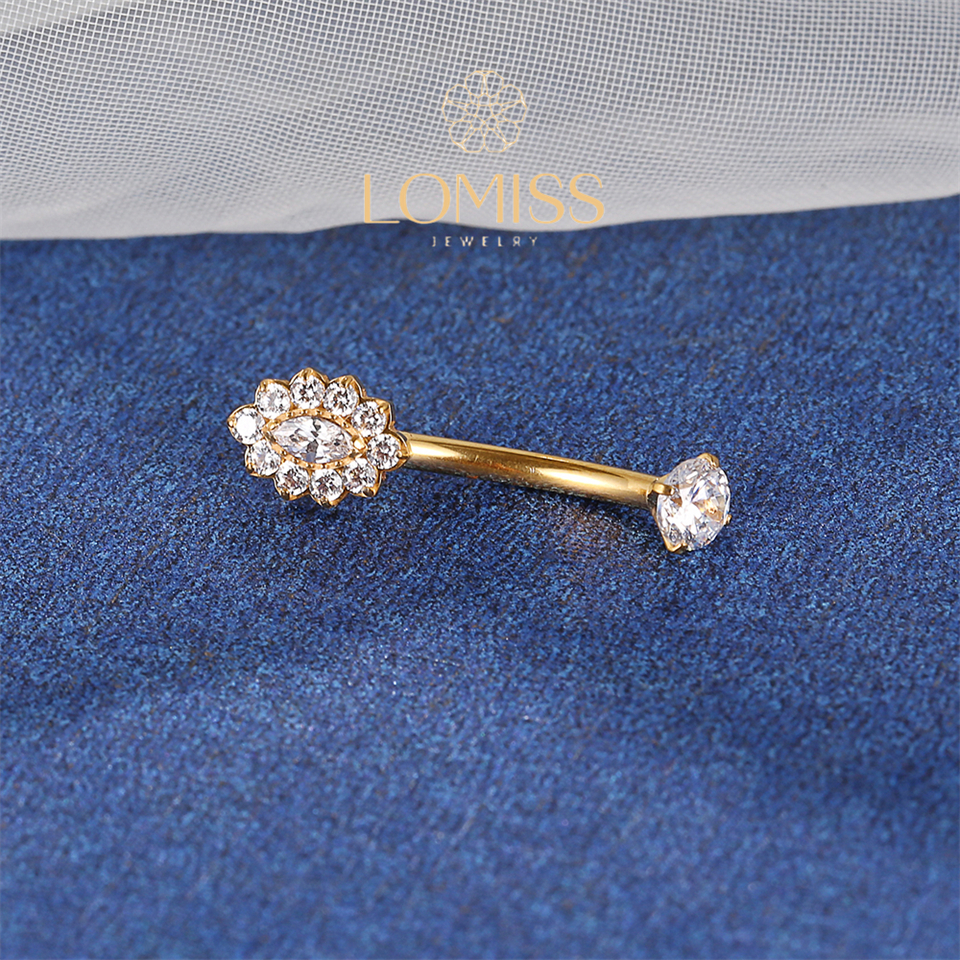 Detalhes do Piercing Umbigo Banana Titânio PVD Flor Oval Zircônia