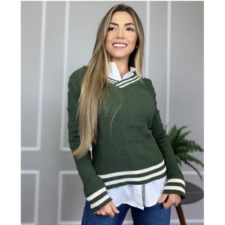 Blusinha Tricot Modal Feminina / Blusa Colegial Decote V Manga Longa / Blusa de Tricô Manga Comprida / Gola V / Tendência Moda Blogueira / Envio 24hrs