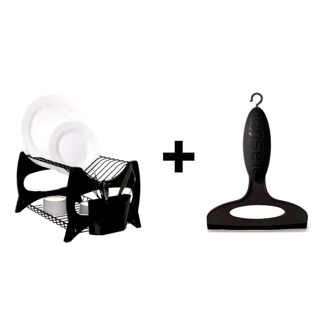 Escorredor De Louça Cozinha Prato Duplo Porta Talheres Preto + Rodinho de Pia Limpeza Cabo de Plástico 13Cm