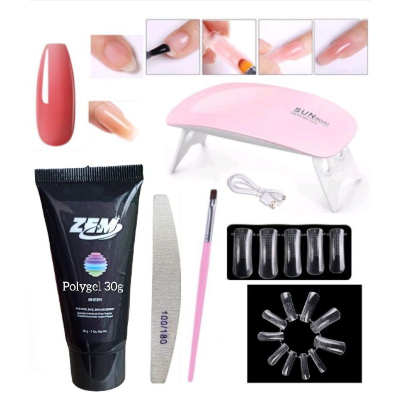 Kit Poligel Alongamento Unha Completo Mini Cabine Uv Polygel Grande 30g + Molde F1 + Lixa + Cabine
