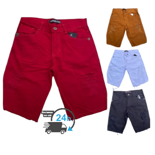 Bermuda Vermelha Rasgada Jeans Masculina Promoção em Várias Cores, Marrom, Branca, Preta