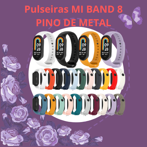 Pulseira de silicone colorida para Smartband Xiaomi Mi Band 8 PINO DE METAL estoque no Brasil
