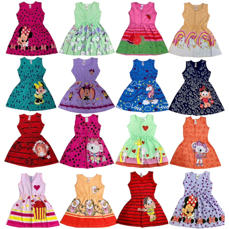 KIT 10 VESTIDOS INFANTIL MENINA PERSONAGEM DE 0 A 5 ANOS 100% ALGODÃO FIO 30, EXCELENTE QUALIDADE. em Oferta na Shopee