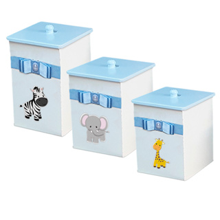 Potes para Kit Higiene em Madeira Cor Branca fita azul com Tema Safari em Oferta na Shopee