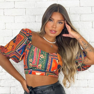 Cropped Estampado Manga Curta Tendência Verão Moda Blogueira Croped