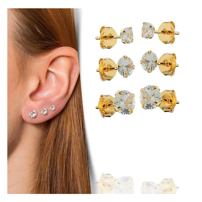Trio de Brincos Feminino Redondo Banhado Folheado a Ouro 18k Zircônia Cristal Ponto de Luz