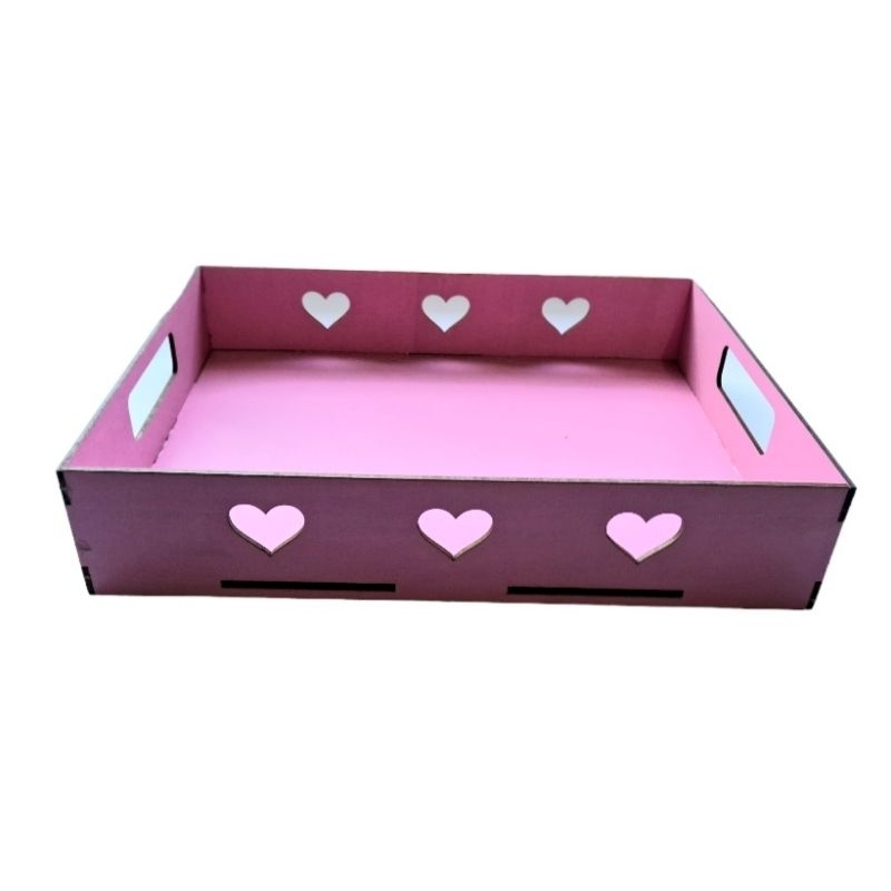 Bandeja Retangular Coração Rosa Mdf