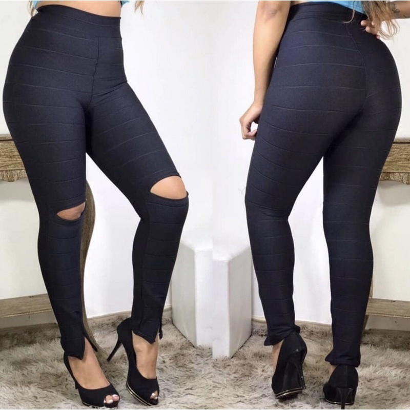Calça legging de bandagem Feminina com abertura no joelho Suplex Não Fica Transparente Costura Reforçada Casual Academia Fitness Cintura alta cós alto