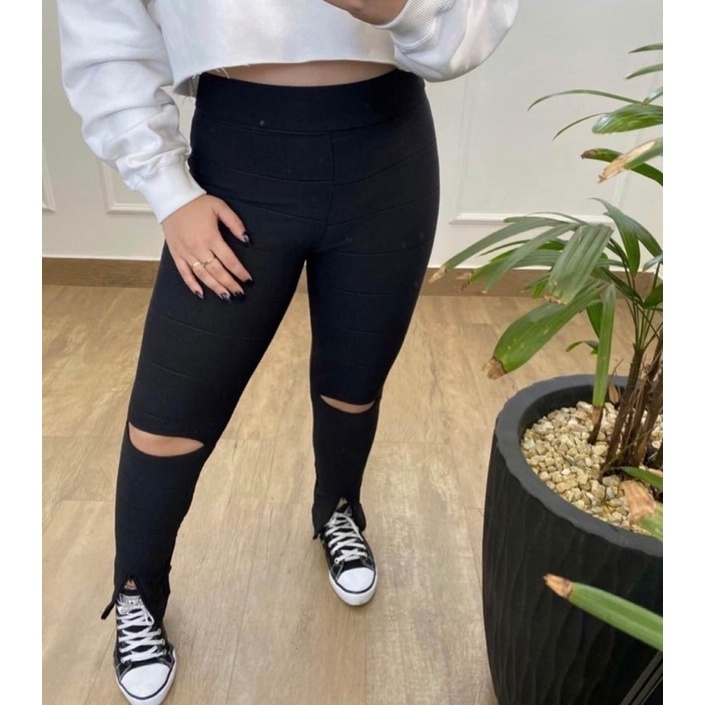 Calça legging de bandagem Preta Feminina com abertura no joelho Suplex Não Fica Transparente Costura Reforçada Casual Academia Fitness Cintura alta cós alto