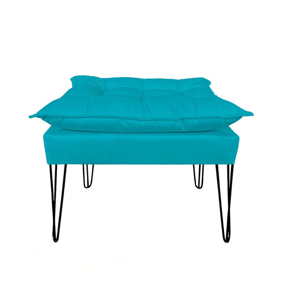 Puf Puff Banqueta Suede Azul Turquesa Pés Aramados Preto