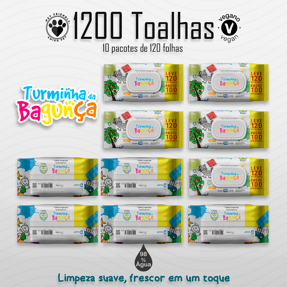 Kit com 10 Pacotes de Lenços Umedecidos Turminha da Bagunça 120 Folhas 19x13 cm - com Tampa Flip Top