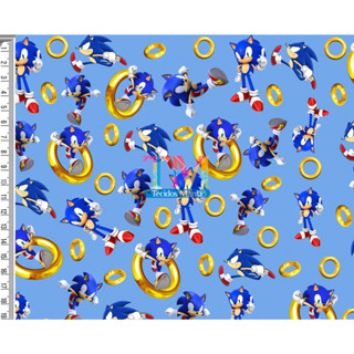 Tecido tricoline, microfibra ou gabardine estampado - Anel do sonic - fundo azul - 0.50 cm