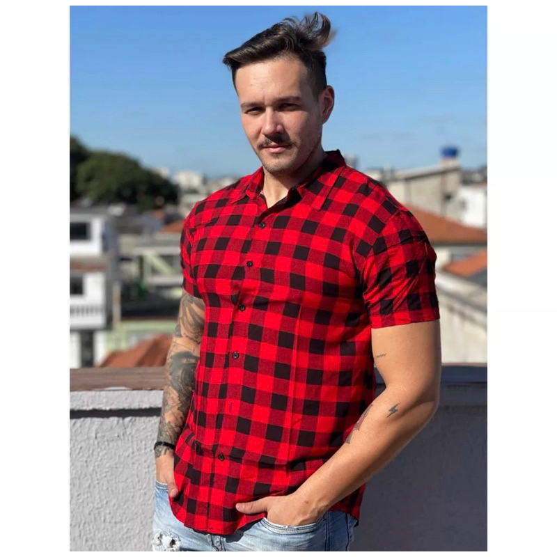 Camisa Masculina Xadrez de Botão Manga Curta Flanelada / Camisa Quadriculada / Blusa Masculina / Camisa Xadrez / Blusa Xadrez