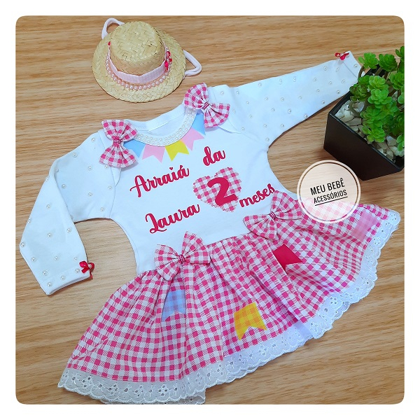 Roupa de Festa Junina Infantil Vestido Bebe Body Fantasia para Bebê São João Primeiro Arraia Arraial